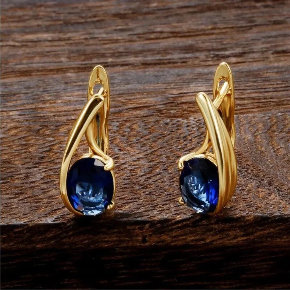 New 18k Yellow Gold Over Silver Blue Sapphire Huggie Studs